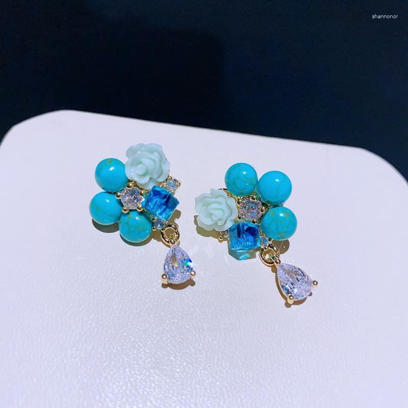 

Stud Earrings MIGGA Blue Crystal Zircon Drip Turquoise Flower For Women Original Design Luxury Party Jewelry