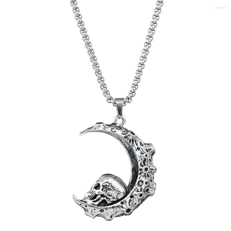 

Pendant Necklaces Punk Fashion Silvery Moon Skull Necklace Women Men Gothic Long Chain Christmas Party Jewelry Gift Drop