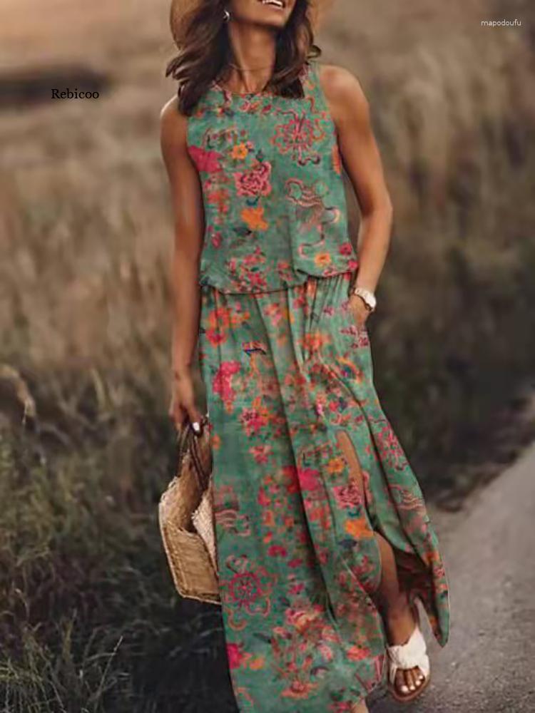 

Casual Dresses 2023 Summer Women Floral Sleeveless Long Maxi Dress Sexy Side Slit Fashion Sundress Female Print Pocket Loose, Blue