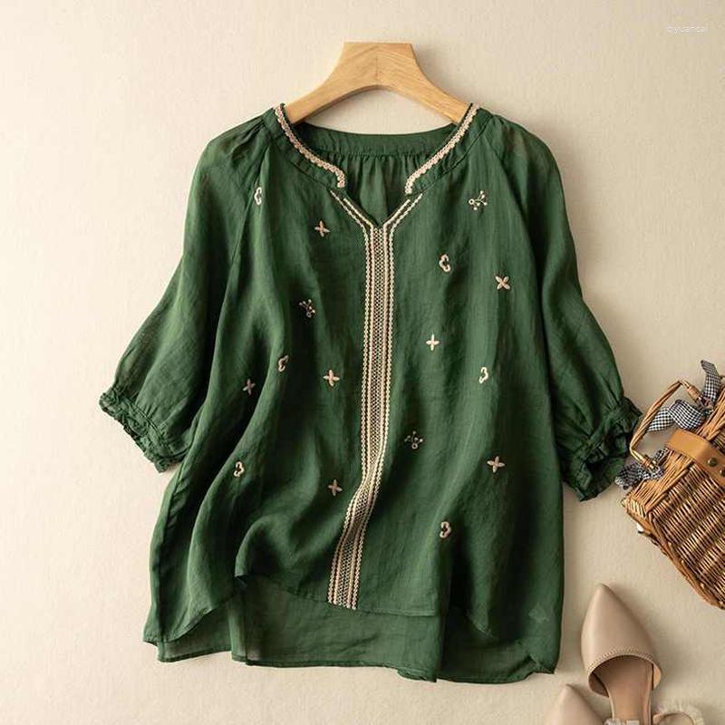 

Women's Blouses 2023 Summer Womens Embroidery Shirts Vintage V Neck Ramie Loose Pullover T-shirts Female Soft Ethnic Style Blouse Tops Mujer, Green