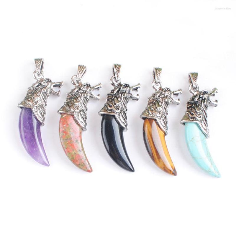 

Pendant Necklaces Natural Amethyst Tigers Eye Stone Wolf Tooth Shape Copper Amulet Luck Man Jewelry Mixed Wholesale 5pcs/Lot IBN517