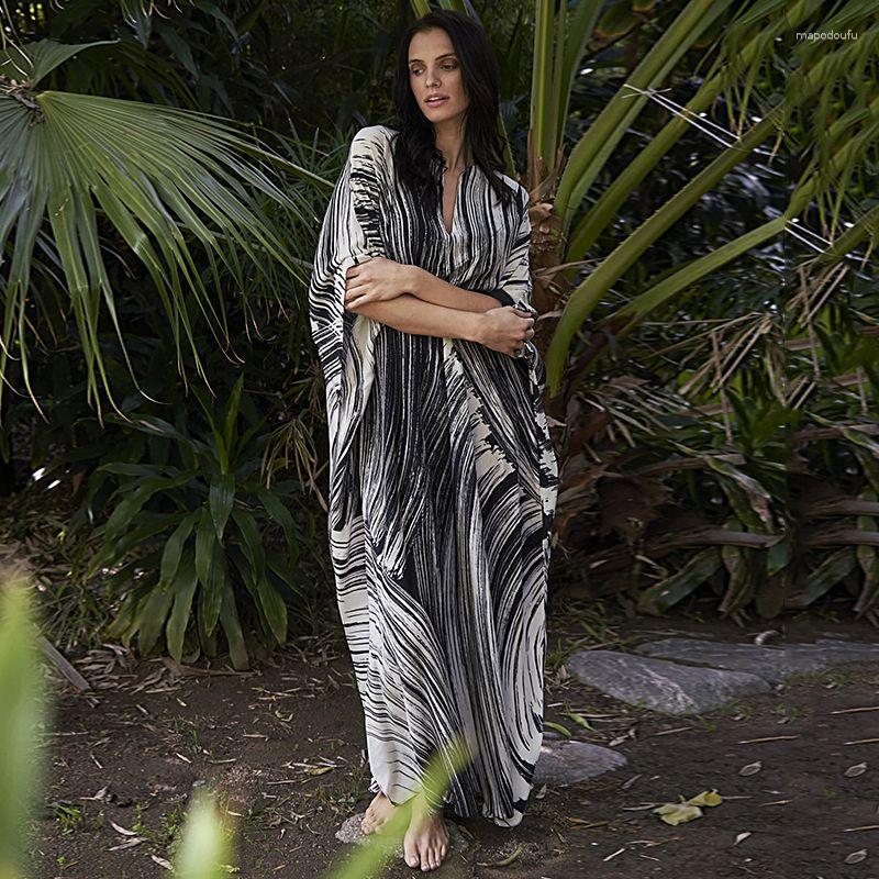 

Casual Dresses Polyester Black Line Printed Beach Top Loose Fitting Dress Vestido Feminino Maxi Women Clothing V-Neck