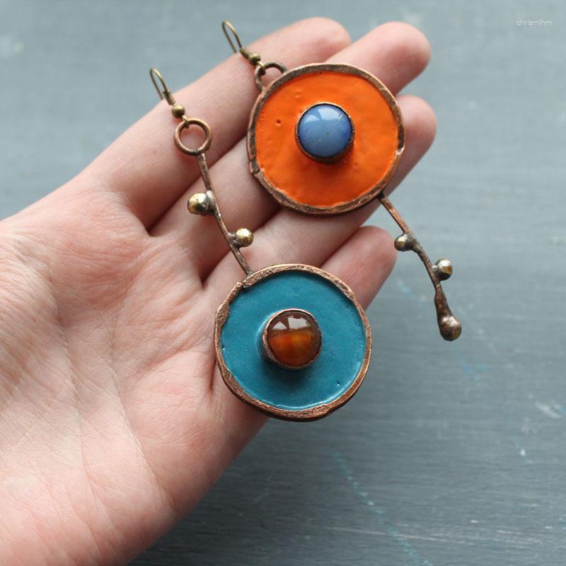 

Dangle Earrings Asymmetric Ancient Bronze Metal Painting Drop Women Ethnic Red Blue Stone Statement Jewelry Accessories