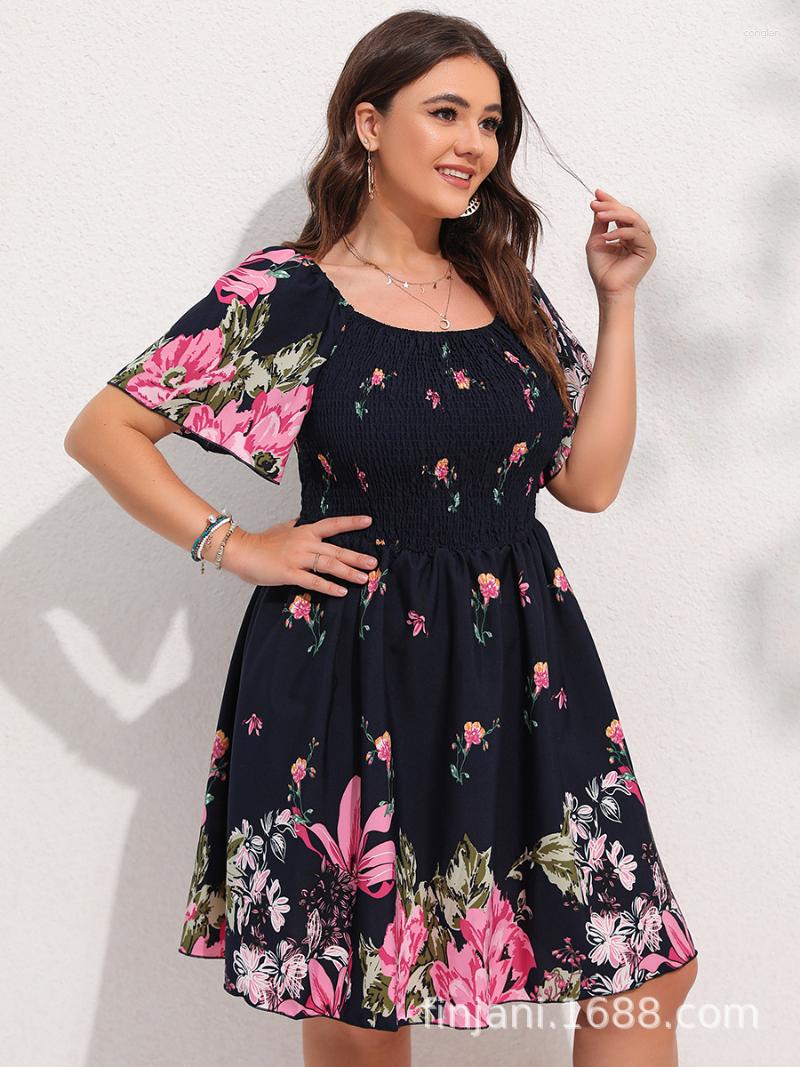 

Casual Dresses Allover Floral Print Shirred Midi Dress Oversize Lantern Sleeve High Waist For Women 2023 Y2k Stretch Beach