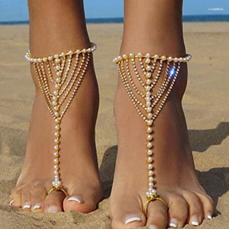 

Anklets Huitan Barefoot Sandals Bracelet Ankle On The Leg Women's Anklet Imitation Pearl Chain Statement Beach Jewelry Drop