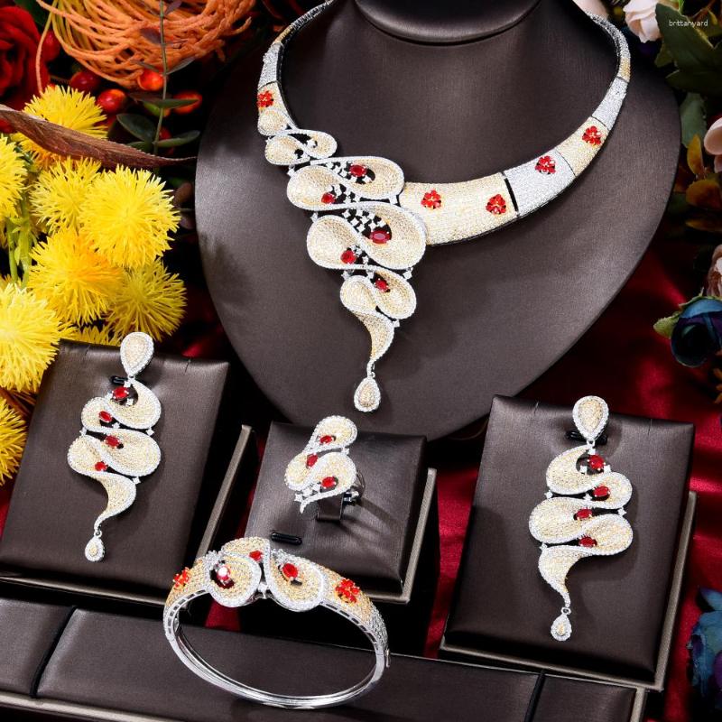 

Necklace Earrings Set Soramoore Luxury Dubai 4PCS Nigerian African Bead Bridal Wedding Jewellery High Quality Cubic Zircon Ethiopian, Picture shown