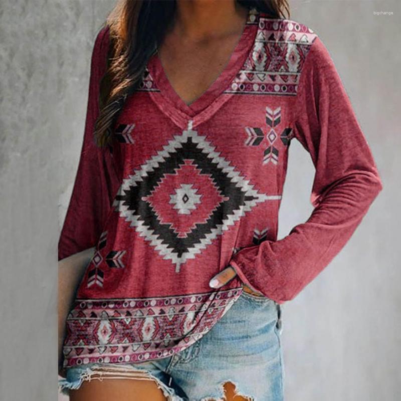 

Women's T Shirts Vintage Ethnic Style Women's Long Sleeve V-neck Print Tops Ladies Casual Pullover Autumn Street Clothes Shirt, Yellow