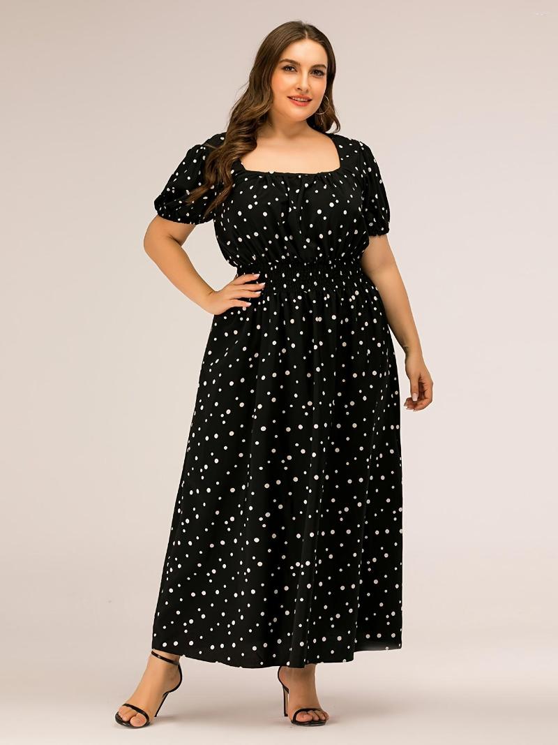 

Plus Size Dresses Polka Dot Square Neck Puff Sleeve Maxi Dress Women's Short Long, Black