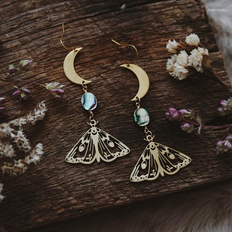 

Dangle Earrings Dusk. A Pair Of Boho Abalone Moon And Moth Nature Inspired Celestial