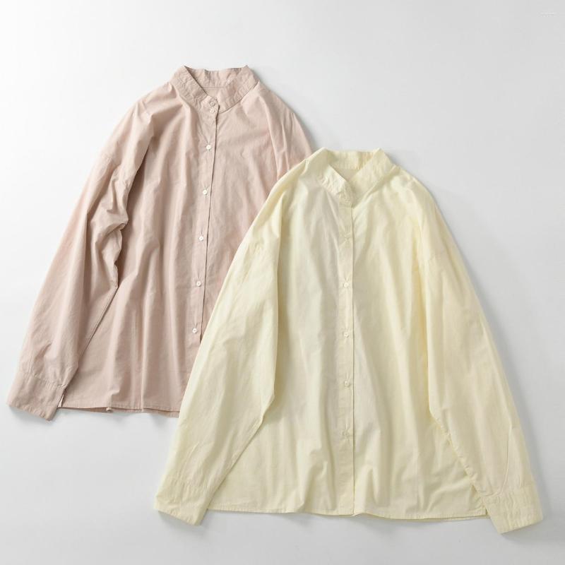 

Women's Blouses Office Lady Cotton Spring Summer Long Sleeve Mandarin Collar Loose Shirt Minimalist All-match Basic Dopamine Candy Color Top, Pink