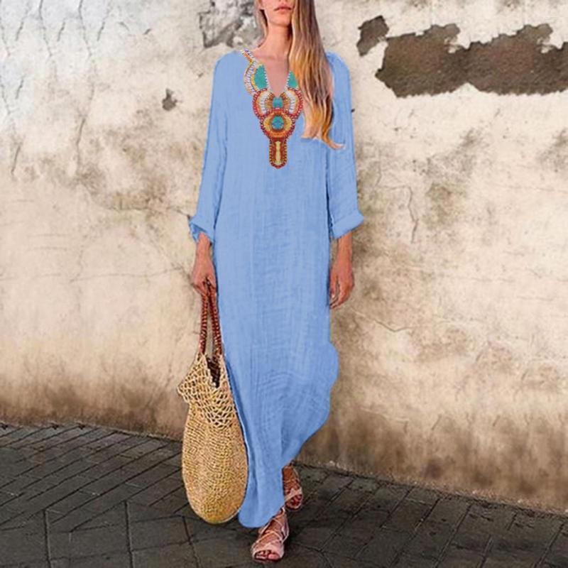 

Casual Dresses Stylish Bar Women Long Dress Vintage Boho Printed Sleeve V-Neck Maxi Ladies Split Hem Baggy Kaftan Vestidos, Gray