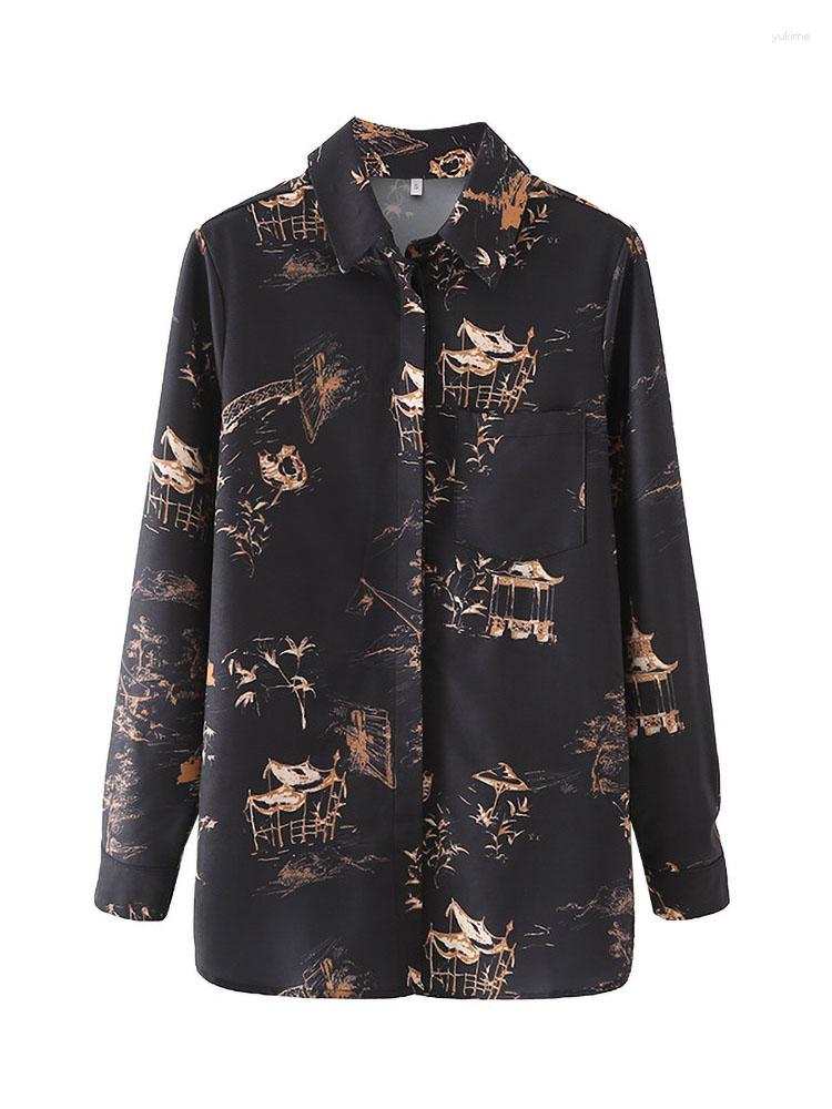 

Women' Blouses BBWM 2023 Women Printed Shirts Vintage Ladies Long Sleeve Lapel Single Breasted Blouse, Print