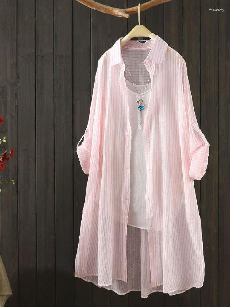 

Women' Blouses Summer Striped Beach Sun Protection Shirts Long Sleeve Elegant Work Blouse Women Chic Korea Streetwear Cardigan Top Mid, Blue