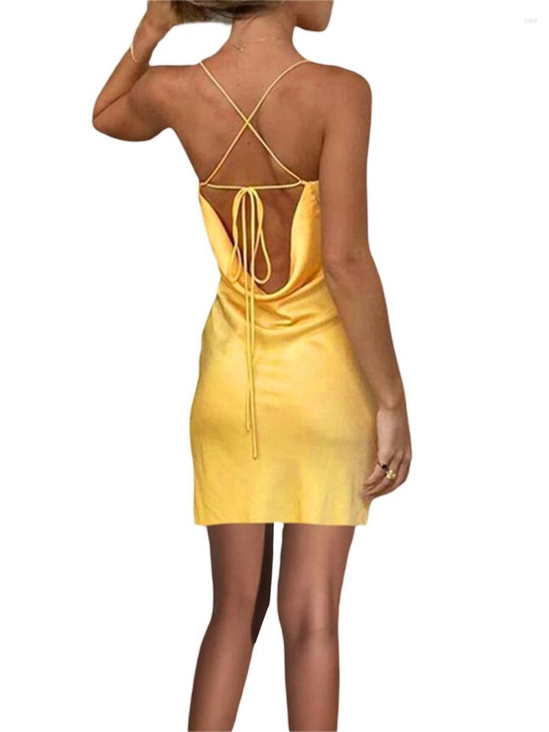 

Casual Dresses Sexy Satin Lace Spaghetti Strap Backless Mini Dress With Tie-up Detail And Patchwork Design For Women  Clubwear Summer, Red