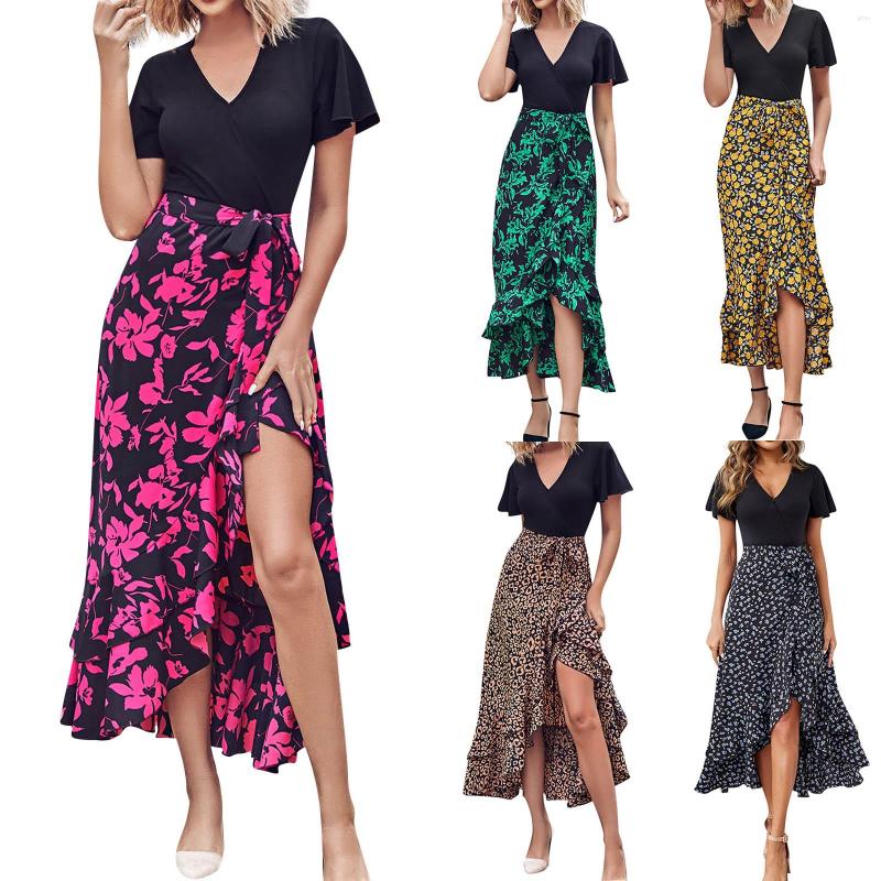 

Casual Dresses Women Fashion Long Short Sleeve V Neck Boho Floral Print Tie Waist High Low Ruffle Cocktail Maxi Dress, Black