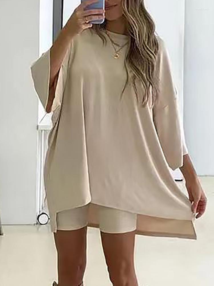 

Women's Tracksuits Women Sportswear Elastic Waist Shorts Long Top Two Pieces Matching Sets Solid Loungewear Batwing Sleeve Ladies Outfit, 06 pink
