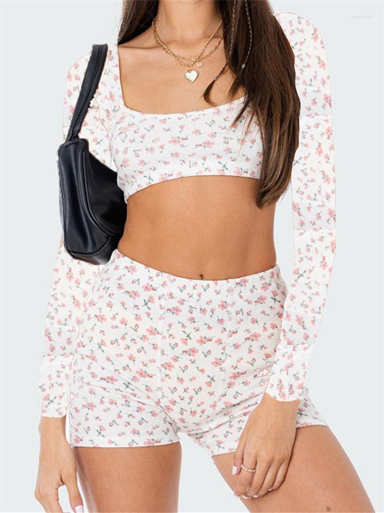 

Women' Tracksuits Two Piece Set Women Fairy Grunge Y2K Outfits Floral Long Sleeve Square Neck Crop Tops Shorts Summer Casual Kawaii, White