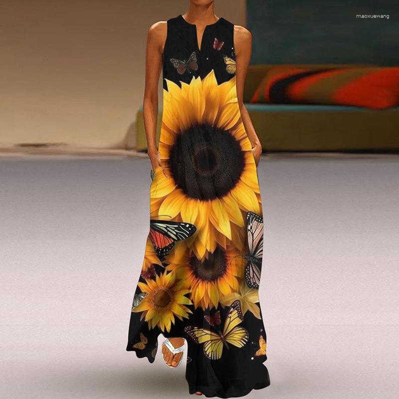 

Casual Dresses For Women Summer Elegant Floral Print A-line Long Dress V Neck Loose Sleeveless Party Vintage Robe Femme Clothing, 484