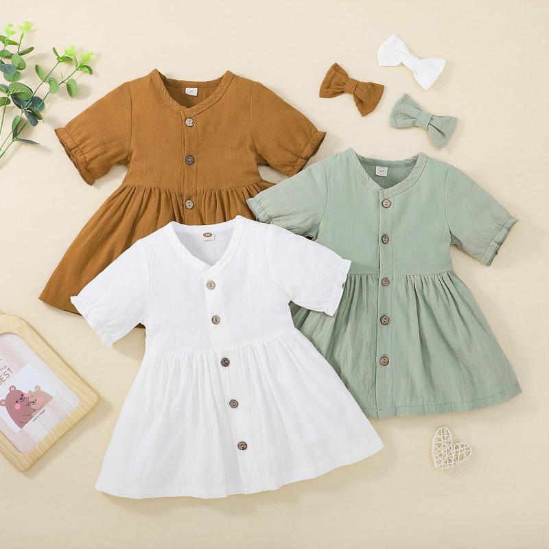 

Girl Dresses 1-4Years Children Girls Summer Dress Solid Color Button Closure Short Sleeve Causal With Bow Hairpin