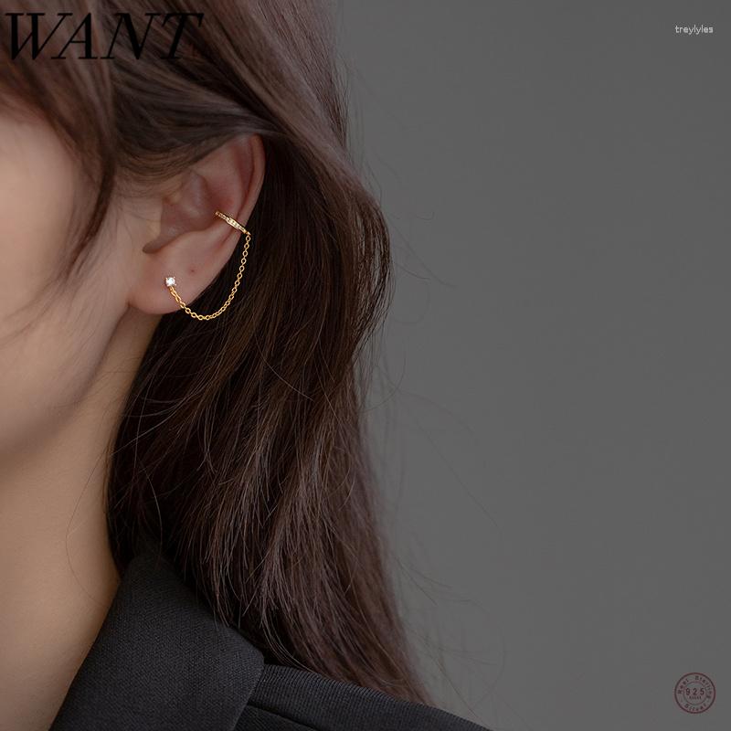 

Stud Earrings WANTME 925 Sterling Silver Sweet Korean Chain Single Zircon For Women Unique No Piercing Party Jewelry Accessories