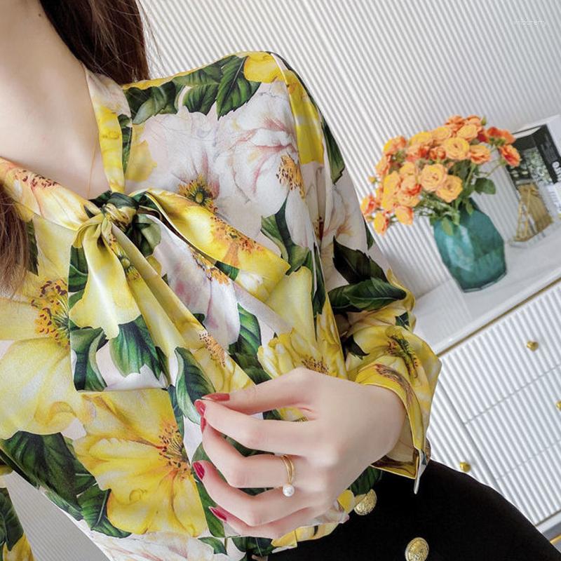 

Women's Blouses 2023 Spring Temperament Floral Chiffon V-neck Long Sleeve Blouse Women Clothes Elegant Lacing Bow Shirts Ladies Printing, Yellow
