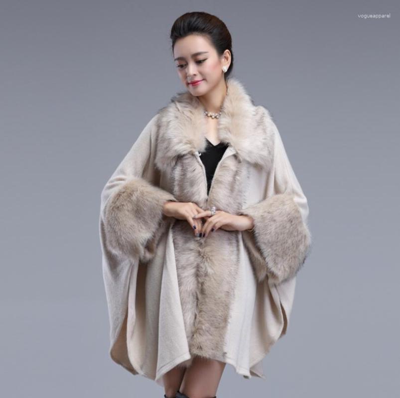 

Women's Knits Europe 2023 Autumn Winter Fashion Faux Fur Collar Shawl Coat Women Plus Size Warm Cashmere Knit Cardigan Cloak W707, Khaki