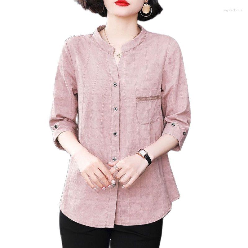 

Women's Blouses Pure Cotton Female Shirt 2023 Spring/Summer Three Quarter Sleeves Medium Long Single-Breasted Loose Mom Women's Top 5X, Yellow