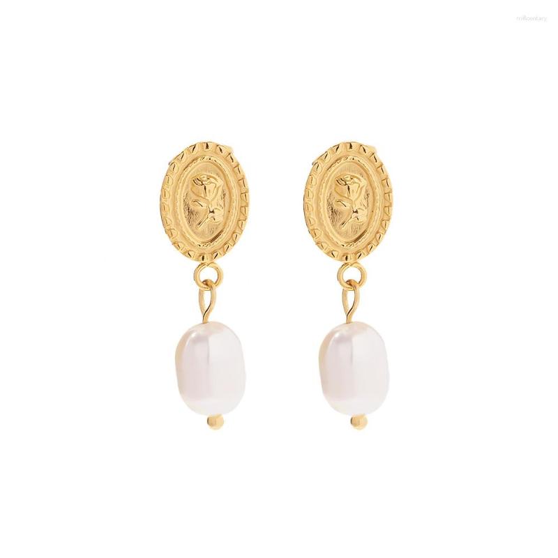 

Dangle Earrings Youthway 18k Gold Plated Stainless Steel Freshwater Pearl Coin Design Rose Embossed Pendant Ins Trendy Jewelry