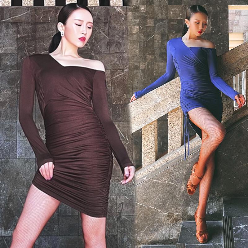 

Stage Wear Women's Latin Dance Clothes Sexy Wrap Dress Off Shoulder Pleating Samba Salsa Tango Dancing Costume Practice DNV14367, Blue