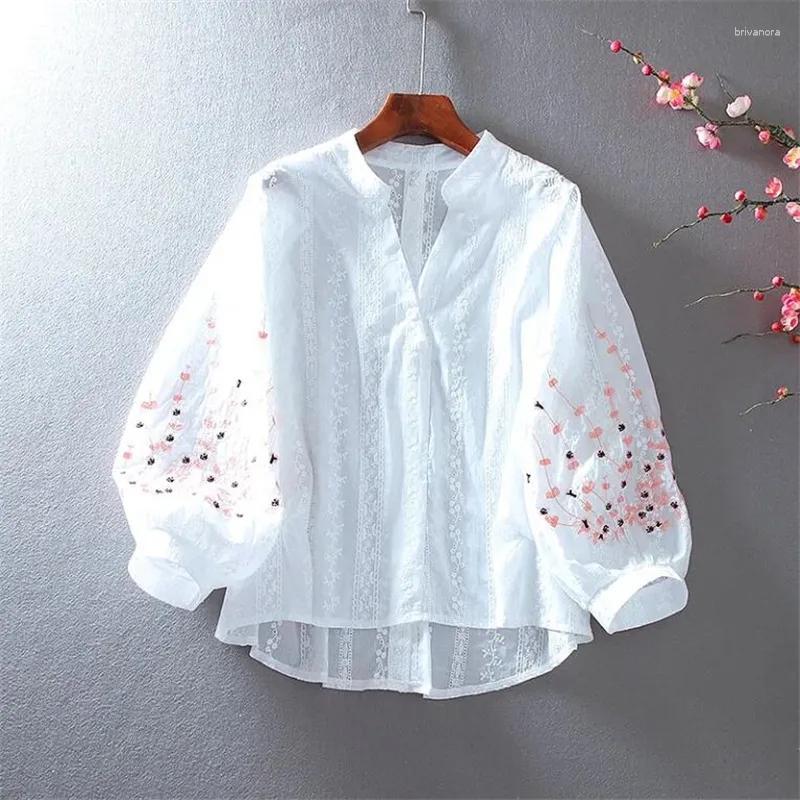 

Women's Blouses V-Neck Embroider For Women Shirt Lace Lantern Sleeves Cotton Bluasa Loose Top Casual Versatile Summer Thin Feminine Blo, White