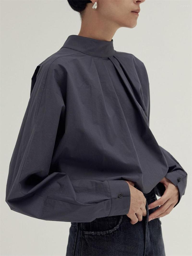 

Women' Blouses Women Stand Collar Pleated Long Sleeve Blouse 2023 Summer High Chic Design Ladies Solid Color Loose Cotton Shirt, White