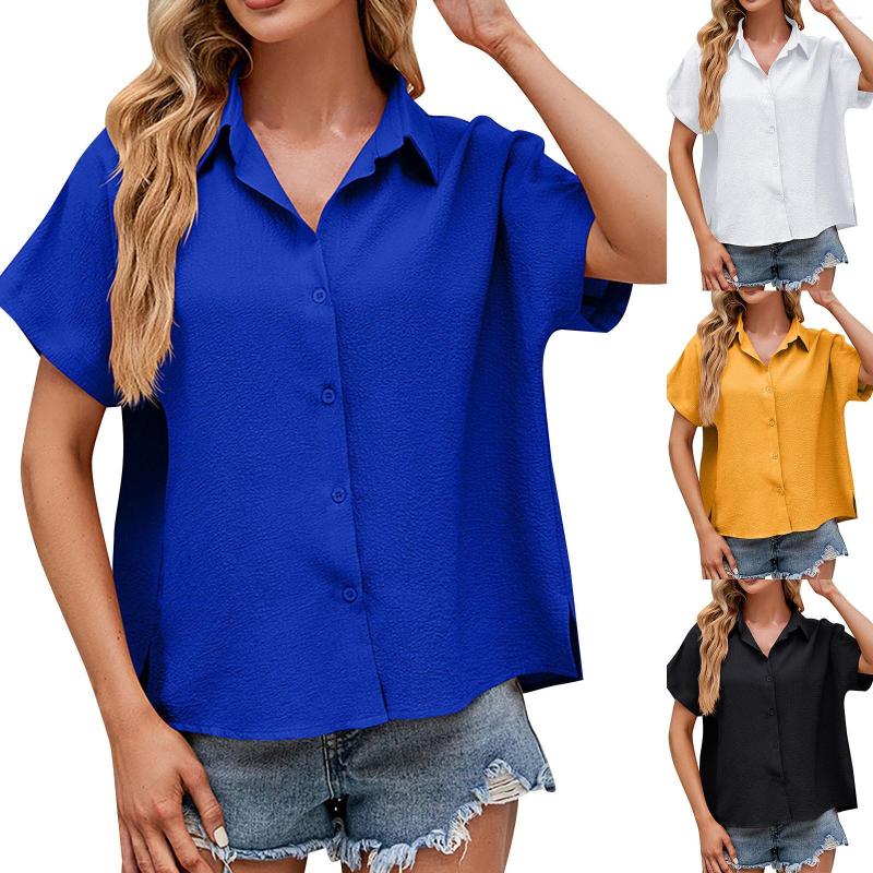 

Women's T Shirts Summer Women's Loose Shirt Short Sleeve Button Up, White