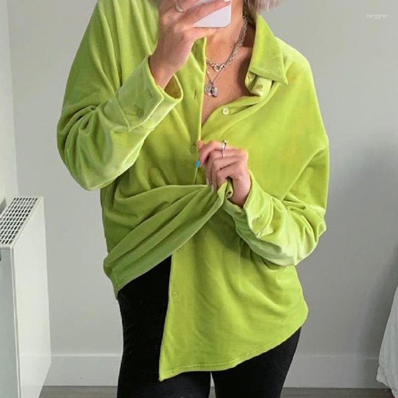 

Women' Blouses Winter Green Basic Velvet Women' Shirt Single Breasted Turn Down Collar Simple Loose Lady Shirts Long Sleeve Casual