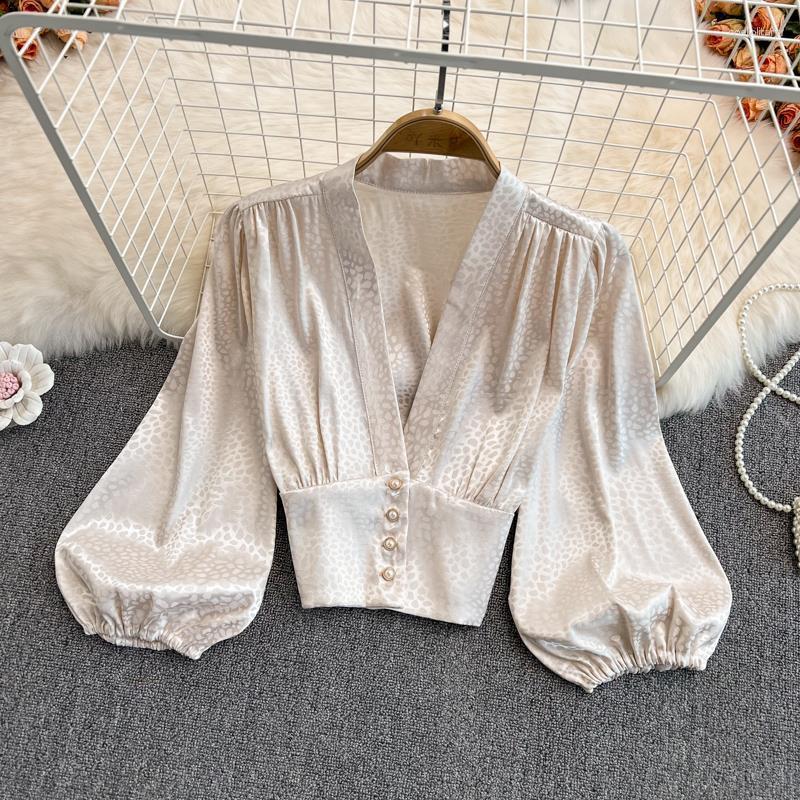 

Women' Blouses 2023 Lantern Loose Sleeve Tops Women Cardigan Solid Color Button Korean Style Office Lady Blouse Y2K Fashion Female Clothes, Apricot