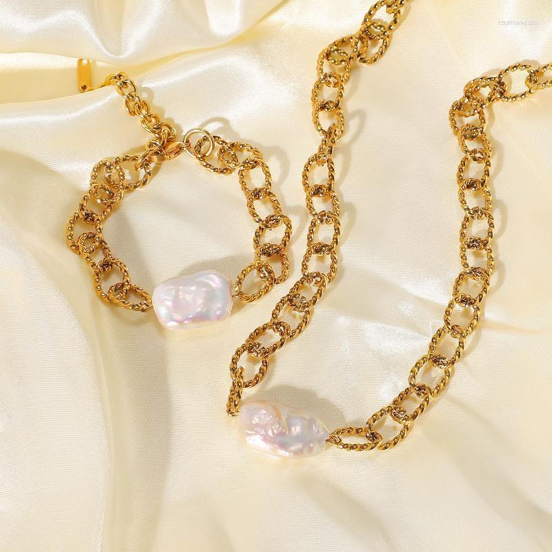 

Link Bracelets Chain 18k Gold Plated Stainless Steel Vintage Baroque Freshwater Pearl Twist Necklace And Bracelet For Women Jewe Raym22