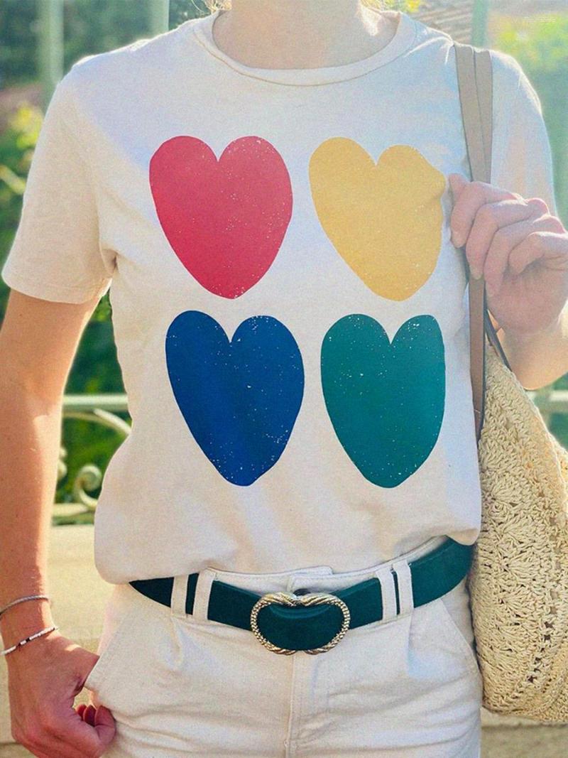 

Women's T Shirts Multicoloured Heart Tshirt Female Elegant O Neck Short Sleeve Organic Cotton Tshirts Hauts 2023 Woman Vintage Causal Tee, Beige