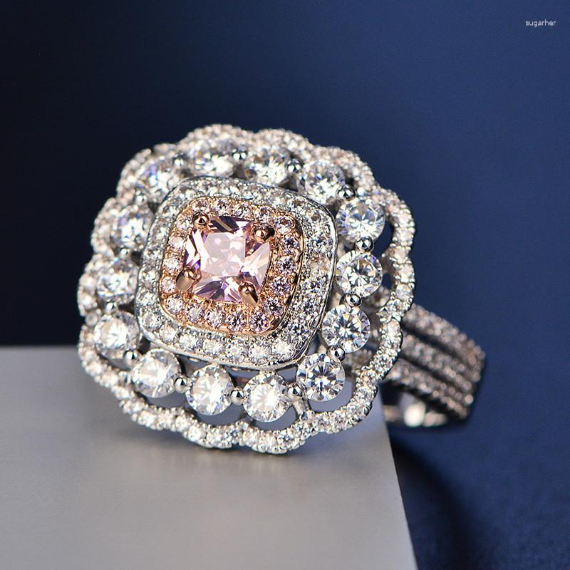

Cluster Rings European And American Ladies Ring High Carbon Diamond Luxury Large Square Artificial Pink Bridal Wedding Jewelry