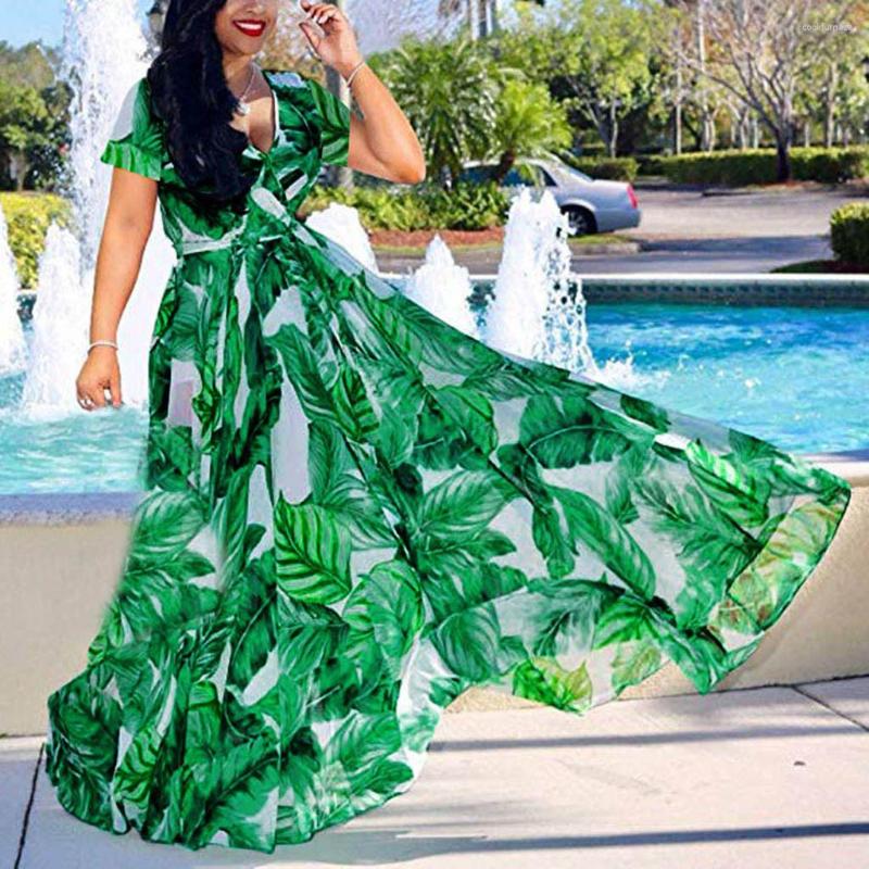 

Party Dresses Vestido De Mulher Women's Plus Size V-neck Short Sleeve Casual Bohemian Belt Split Long Dress For Women 2023, Green