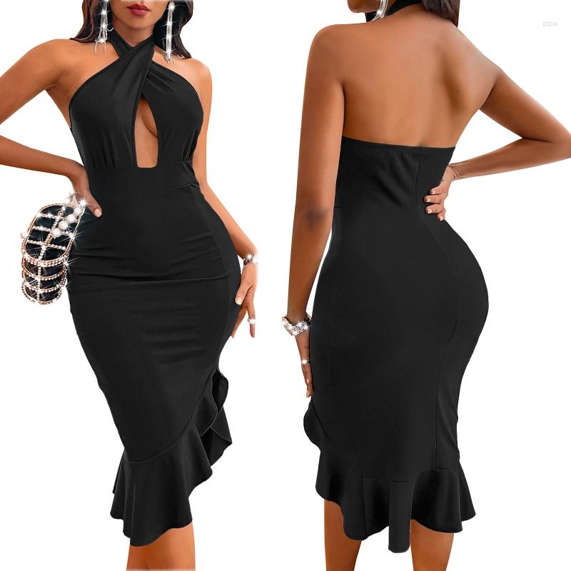 

Casual Dresses Women Summer Sexy Criss For Cross Halter Backless Midi Bodycon Wrap Dress Hollow Out Front Split Asymmetric Ruffle Hem N7YF, Black