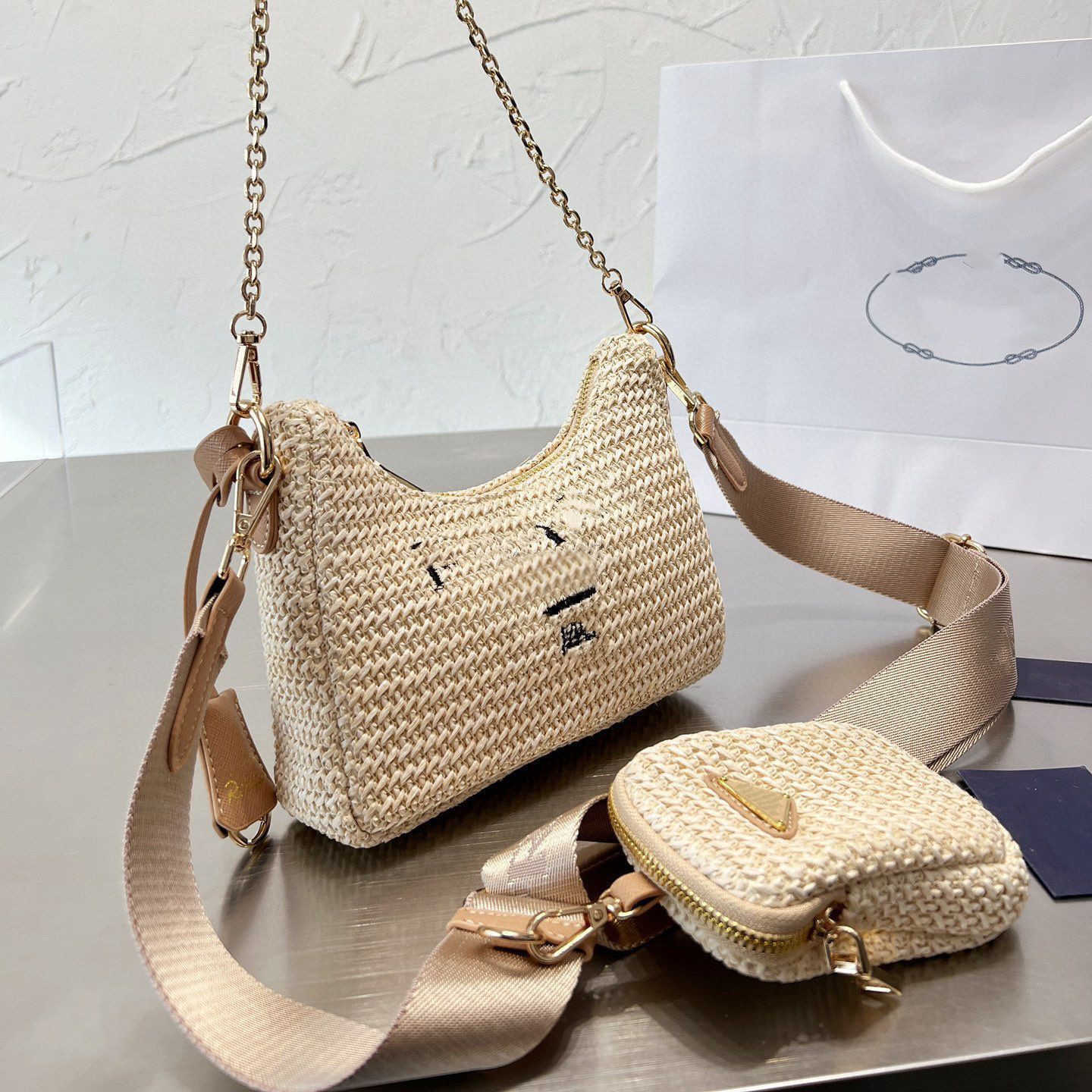 

Designer Crossbody Bag Women's Handbag New fashion brand Straw hand braided underarm casual shoulder bag Luxury chain female leather wallet, Blue stripes