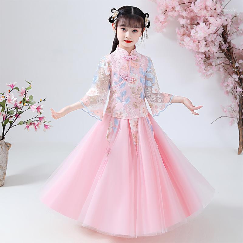 

Ethnic Clothing Lovely Pink Girls Cheongsam Embroidery Flower Chinese Dress Mandarin Collar Princess Retro Tang Suit Stage Show Gowns