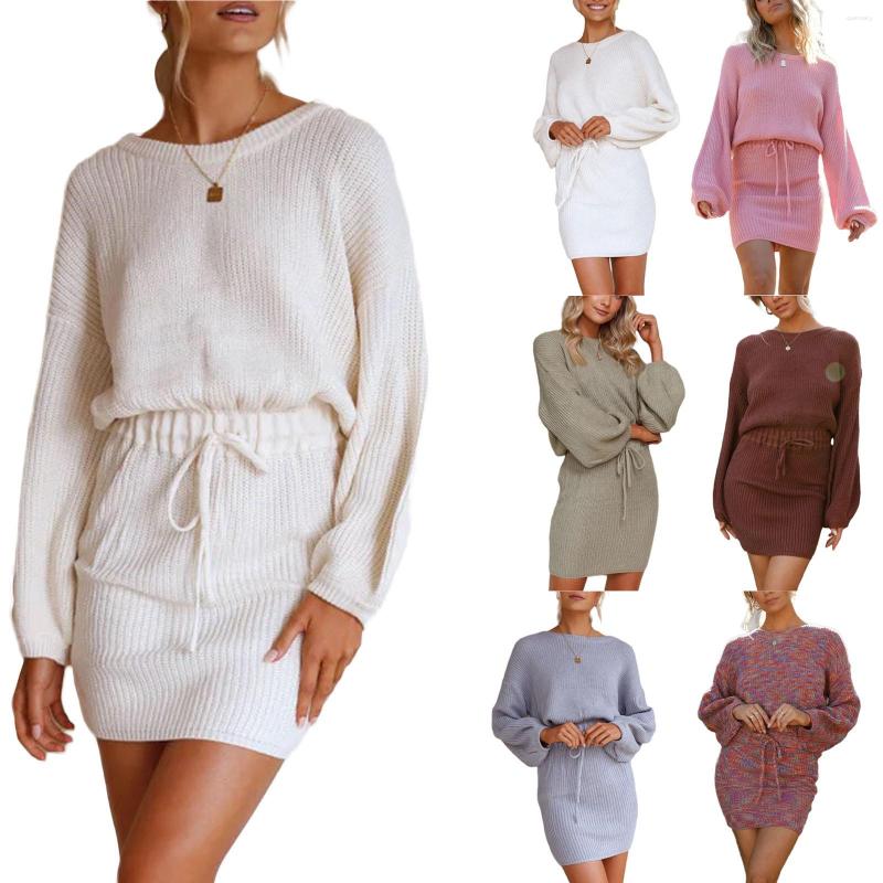 

Casual Dresses Women Crochet Dress Long Sleeve Round Neck Drawstring Cinched Waist Wrap Skirt /M/L/XL, Blue