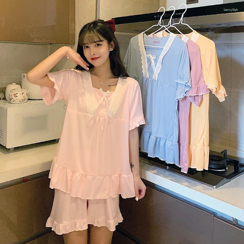 

Women's Sleepwear Korean Summer Pajamas Set Women Pink Lace Home Suit Short Sleeve Casual Loose Kawaii Soft Clothes Tops Shorts
