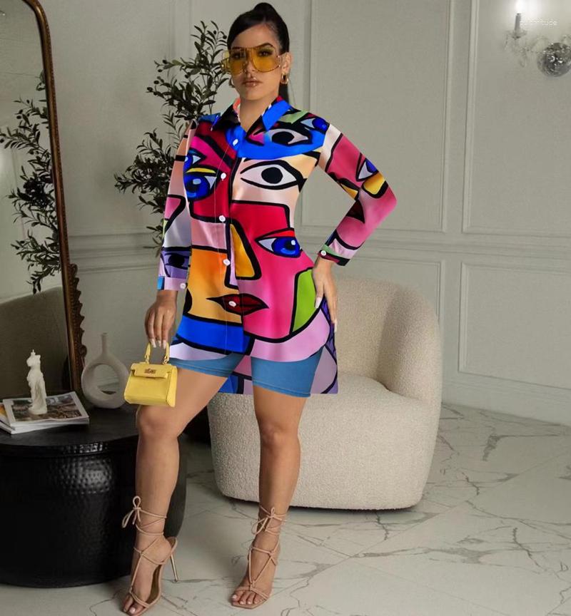 

Women's Blouses STYLISH LADY Graffiti Eye Lips Printed Shirt 2023 Summer Women Long Sleeve Casual Loose Club Party Street Hi Low
