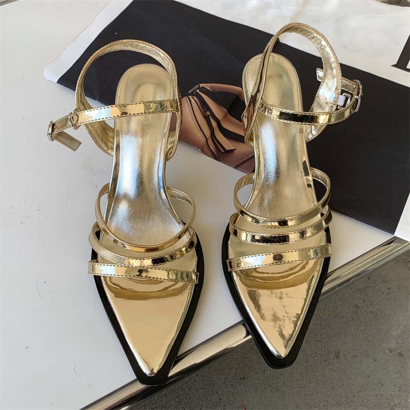 

Sandals Design Stiletto Heeled Women Summer Sexy Ankle Buckle Strap Pointed Toe Banquet Shoes High Heels Zapatillas Mujer, Gold