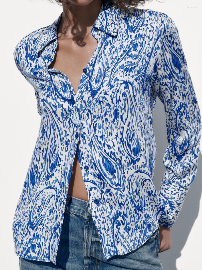 

Women' Blouses Print Satin Blouse Female Blue Button Up Shirt Women Spring Asymmetric Shirts And For Long Sleeve Tops 2023, Print shirt