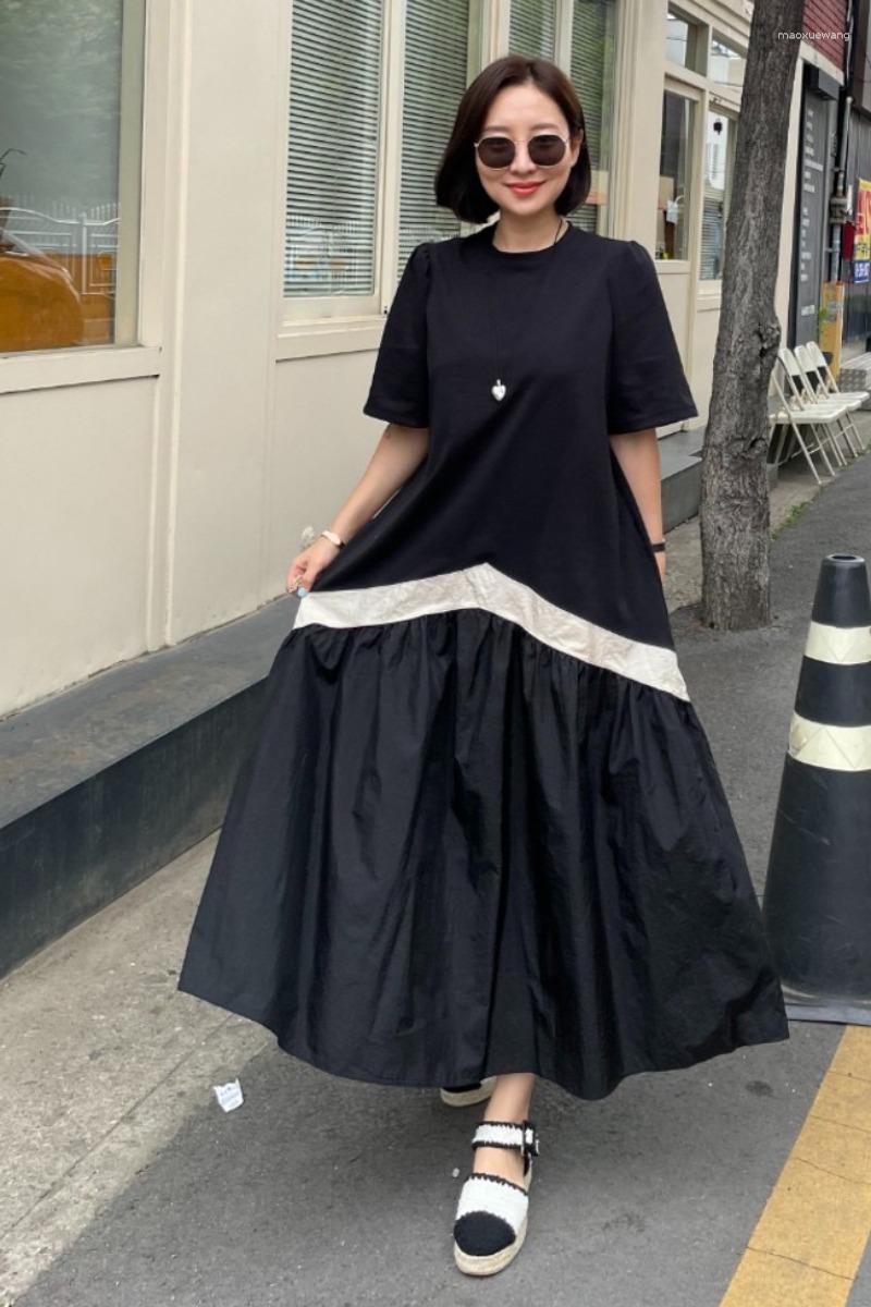 

Casual Dresses South Korean Dress Female Summer Light Ripe Wind Color Patchwork Round Neck Short Sleeve Loose T-shirt Long Skirt, Black