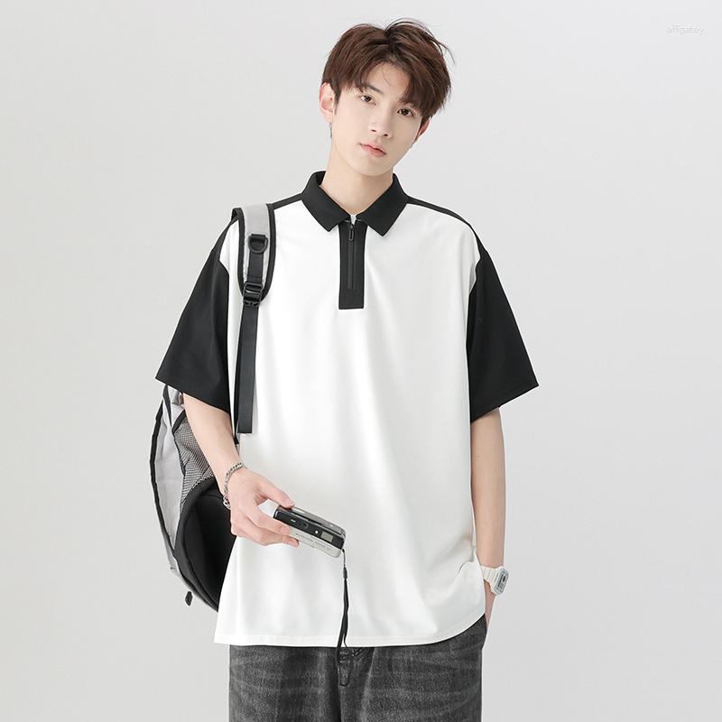 

Men's Polos American Color Contrast Stitching Polo Shirt Summer Men's Loose Breathable Half Zip Short Sleeve Fashionable Casual, Black