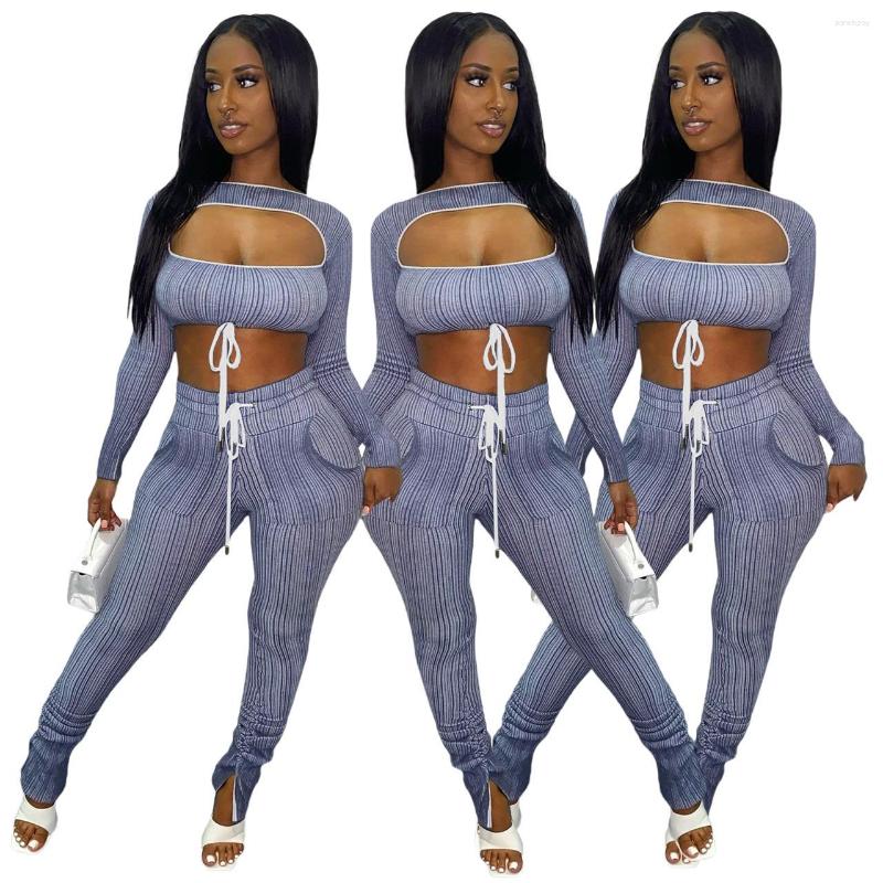 

Women' Two Piece Pants Sexy Hollow Out 2023 Spring Stacked Pant Sets Long Sleeve Crop Top Outfits Women Clothes Striped Streetwear Suits, Blue