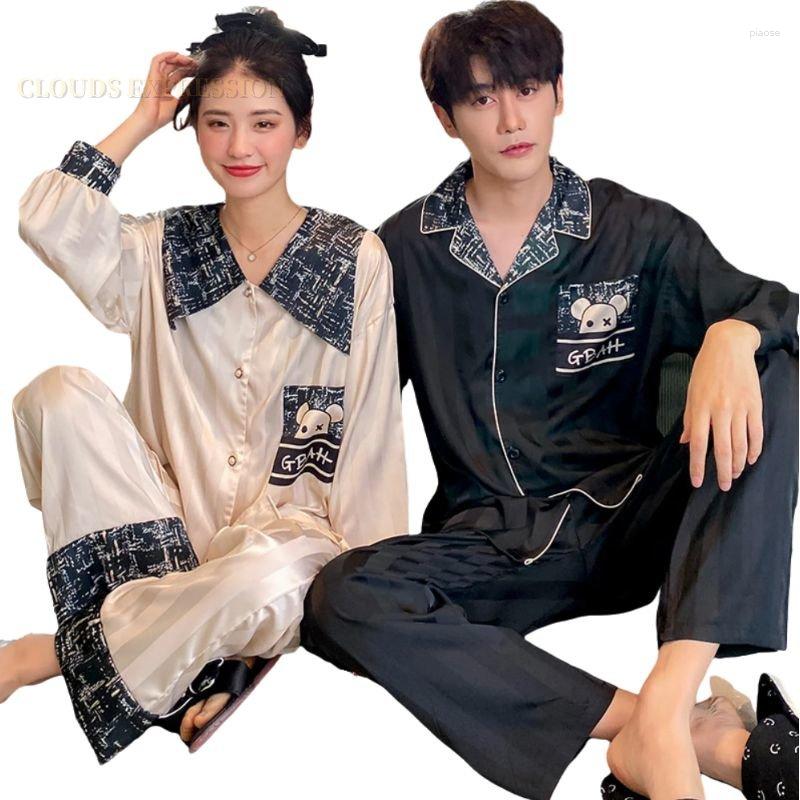 

Men's Sleepwear Spring Summer Faux Silk Polyester Couple Pajama Sets Pyjamas Matching Sleep LoungeLapel Men Pajamas Suits Home Fashion, W1